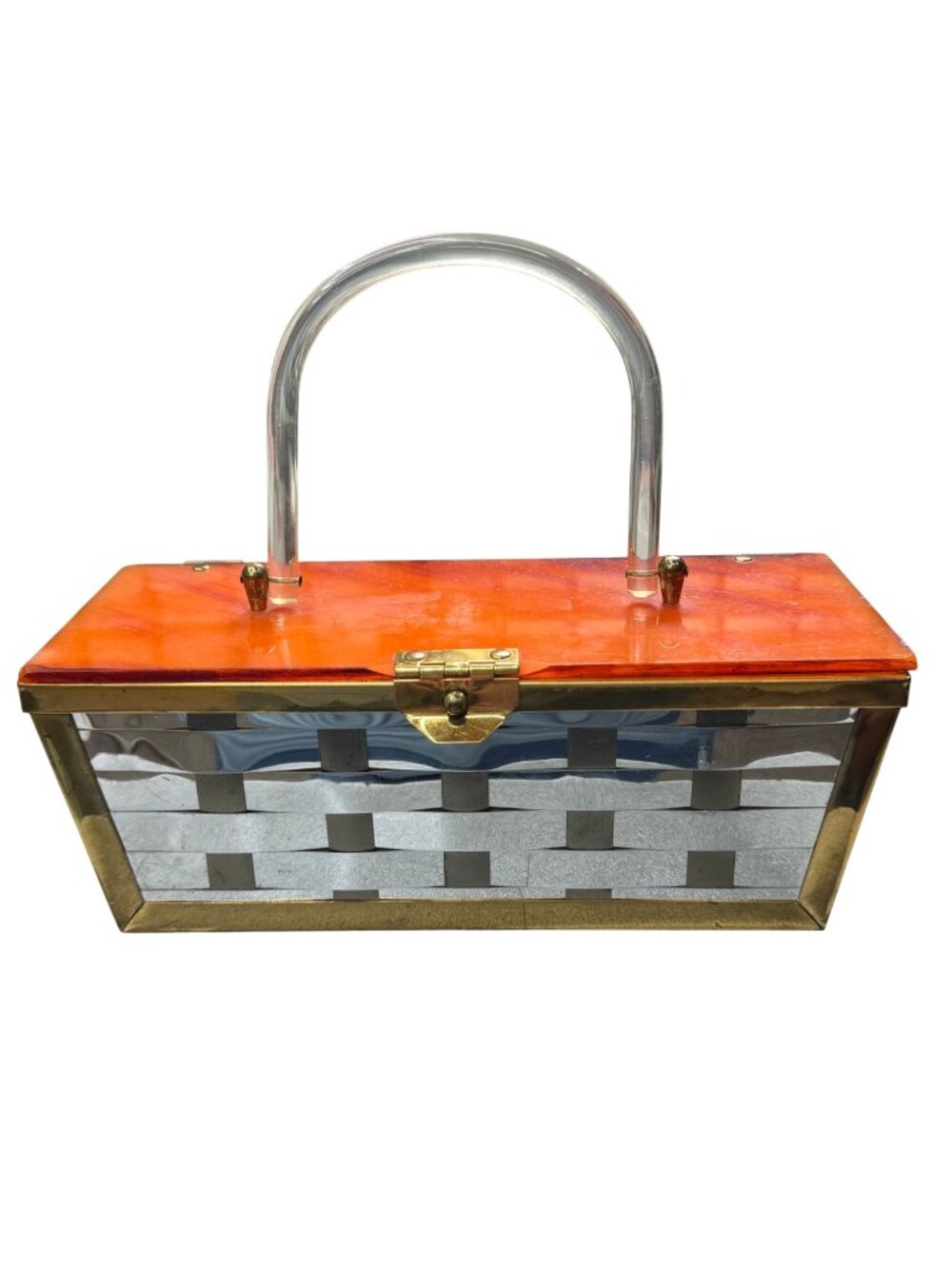 Etra Lucite Woven Metal Box Purse Basket Weave Brass Accents Orange Top Vintage